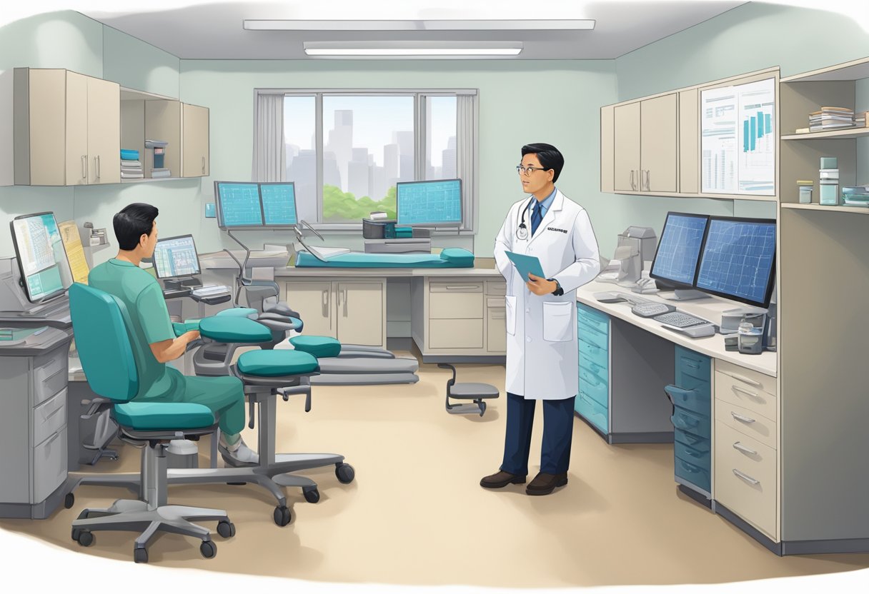 Dr. Alfred Cheng, a cardiologist, addresses common questions in his office. The room is filled with medical equipment and charts