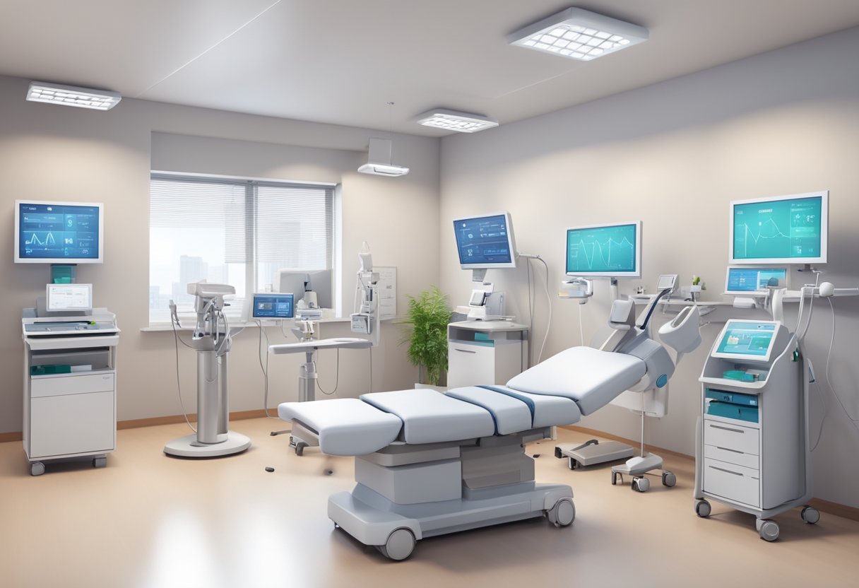 A modern cardiology clinic with patient information displayed on digital screens and medical equipment arranged neatly