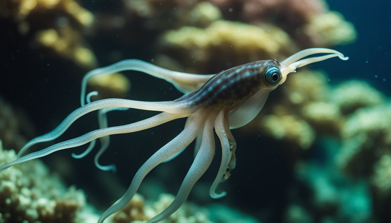 A squid fish hunting for prey in the deep ocean, using its tentacles to capture and devour smaller sea creatures