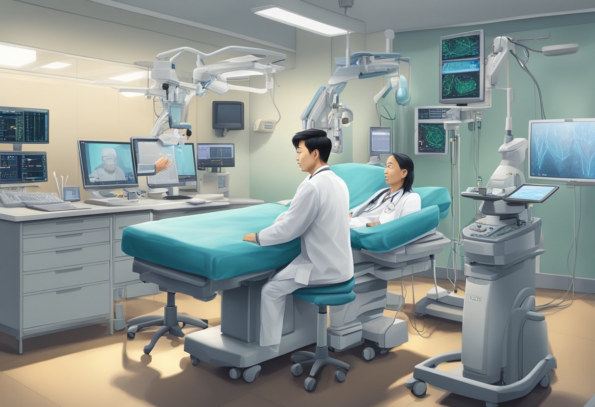 Dr. Alvin Ng, a cardiologist, is conducting cardiology assessments and treatments in a clinical setting. The room is filled with medical equipment and monitors, creating a professional and focused atmosphere