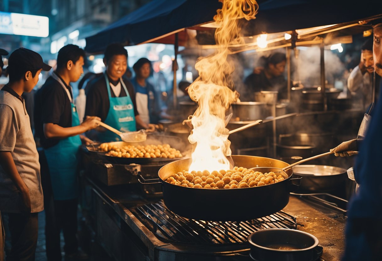 A street vendor frying squid balls in sizzling oil, with a line of customers eagerly waiting to try the popular street food
