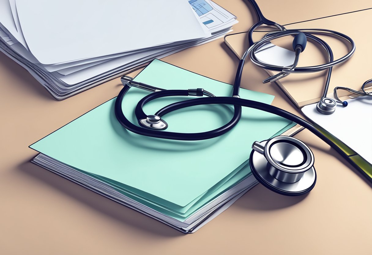A stack of FAQ cards on a cardiologist's desk, with a stethoscope and heart model nearby