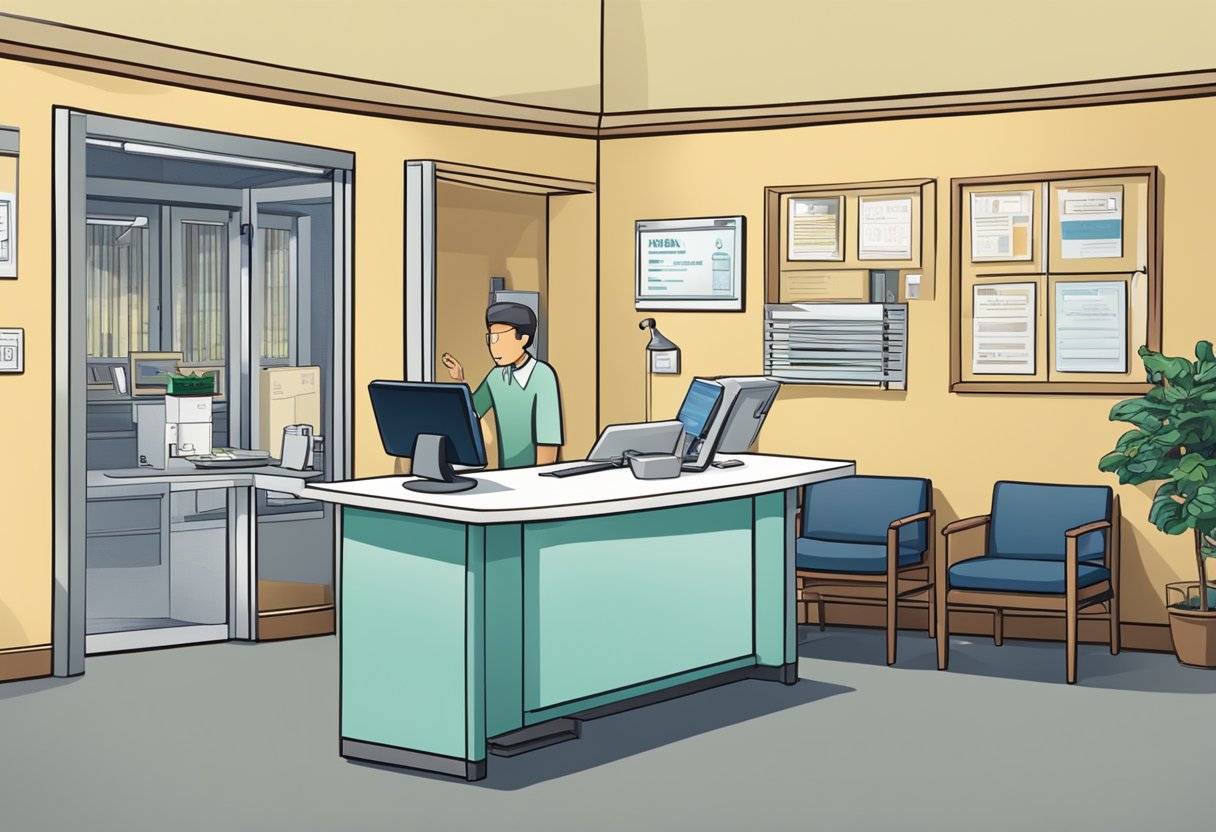 A doctor's office with a desk, computer, and waiting area. A sign reads "Frequently Asked Questions" for Dr. Alvin Ng, Cardiologist