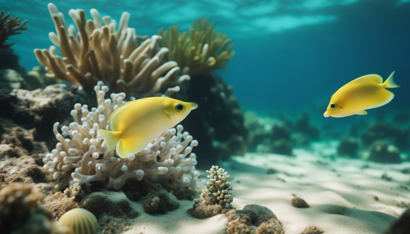 Squid and fish interact in a conservation setting, surrounded by marine life and habitat