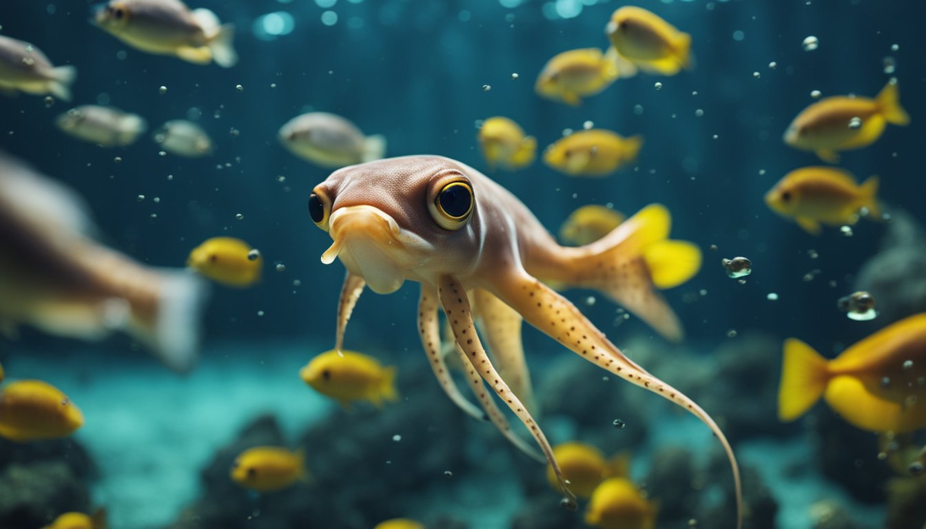 A squid swimming among schools of fish in a deep-sea environment