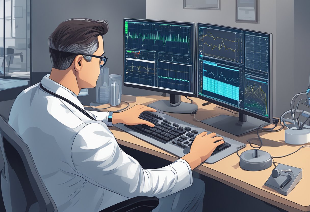A cardiologist carefully examines a patient's ECG results on a computer screen, surrounded by medical equipment and charts
