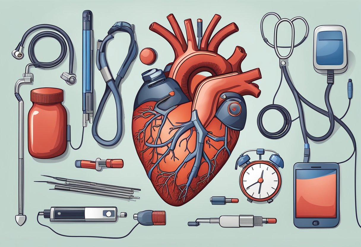 A heart with arteries and veins, surrounded by medical tools and equipment, representing the study of heart disease in cardiology