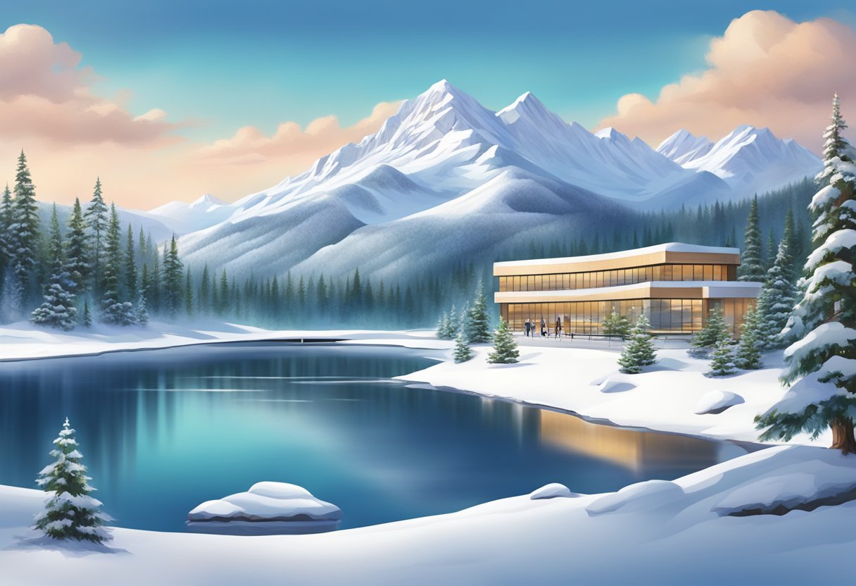 A snowy mountain landscape with a modern cardiology clinic nestled among the trees, surrounded by a tranquil lake and clear blue skies
