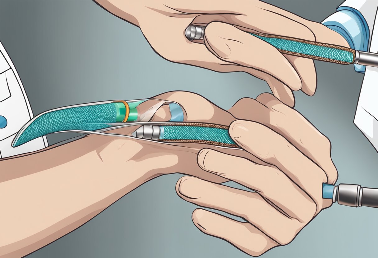 A doctor inserting a small metal mesh tube into a narrowed artery to improve blood flow