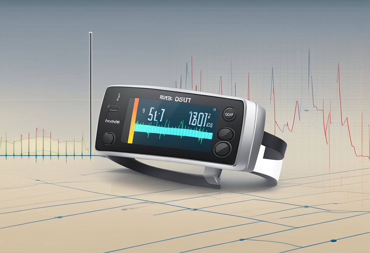 A heart rate monitor displays a steady line at a low BPM