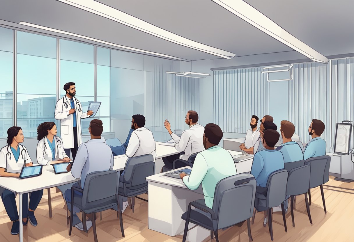 A doctor explaining heart procedures to a group of attentive patients in a modern cardiology clinic