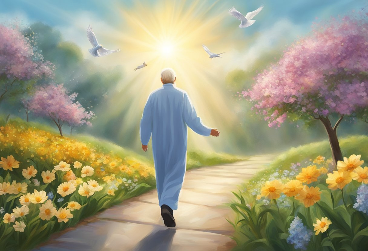 A patient walks briskly, breathing deeply, feeling rejuvenated after receiving a heart stent. The sun shines brightly, birds chirp, and flowers bloom, symbolizing new life and hope