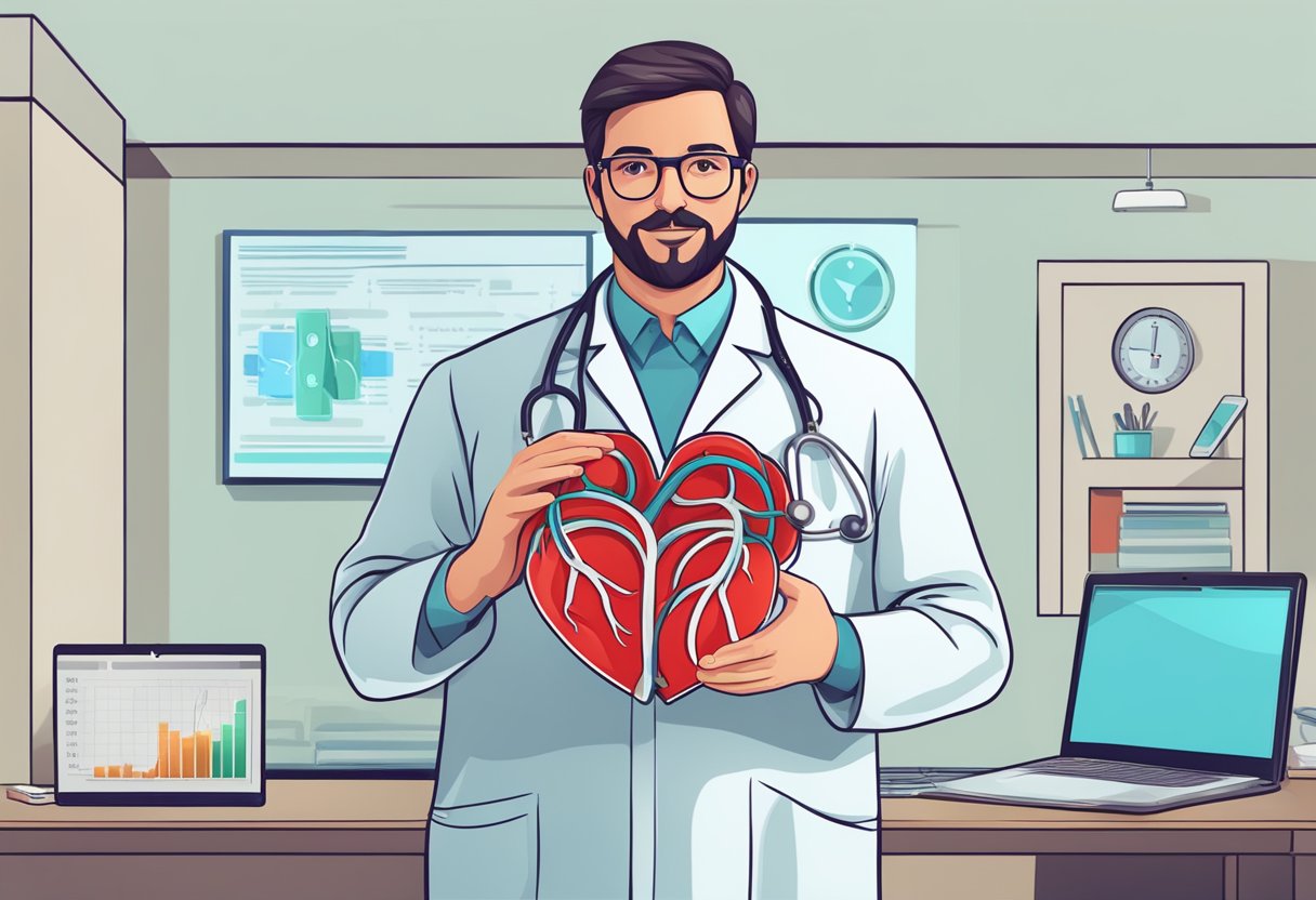 A doctor holding a heart stent with a FAQ sign in the background