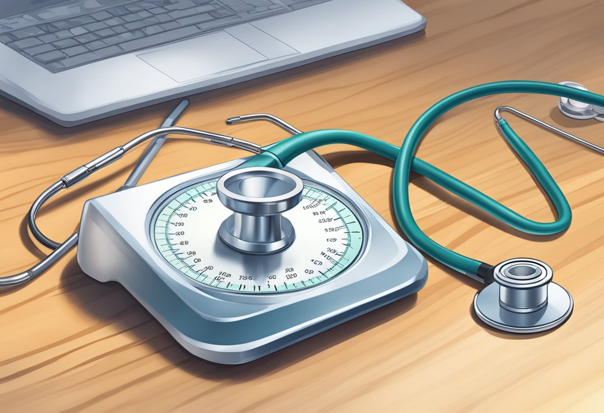 A stethoscope and EKG machine on a desk, with a heart-shaped diagram and the abbreviation "IRA" displayed prominently