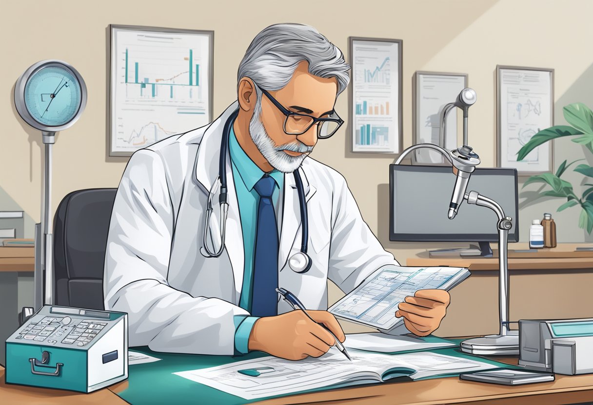 A cardiologist studying an IRA chart with a stethoscope and medical equipment nearby