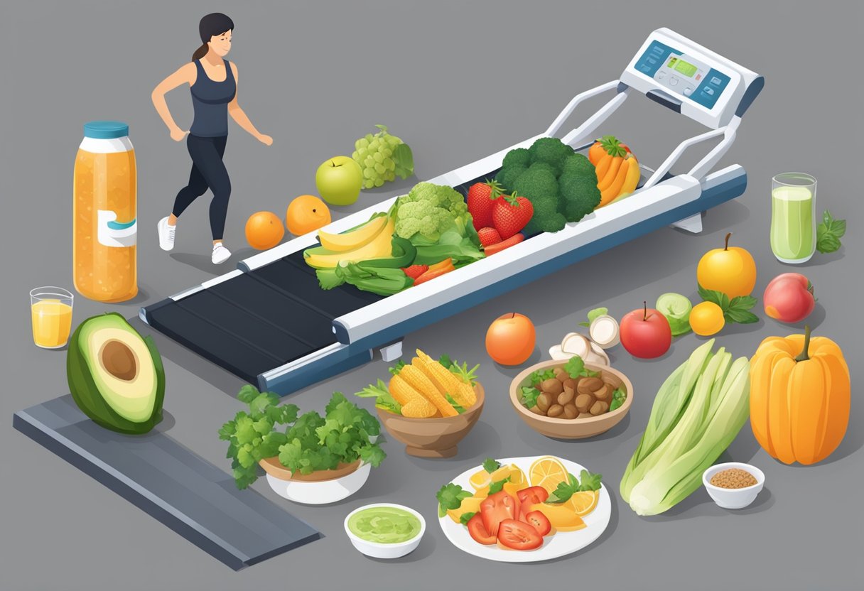 A table with healthy foods, a treadmill, and a person exercising