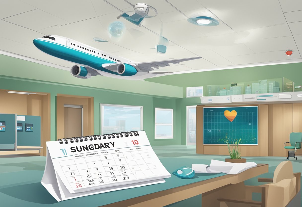 A plane flying over a hospital with a calendar showing the date of the heart surgery and a clock indicating the time elapsed since the surgery