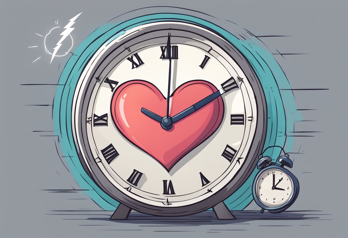 A clock showing late hours with a heart symbol and a lightning bolt to convey the idea of a heart attack caused by lack of sleep