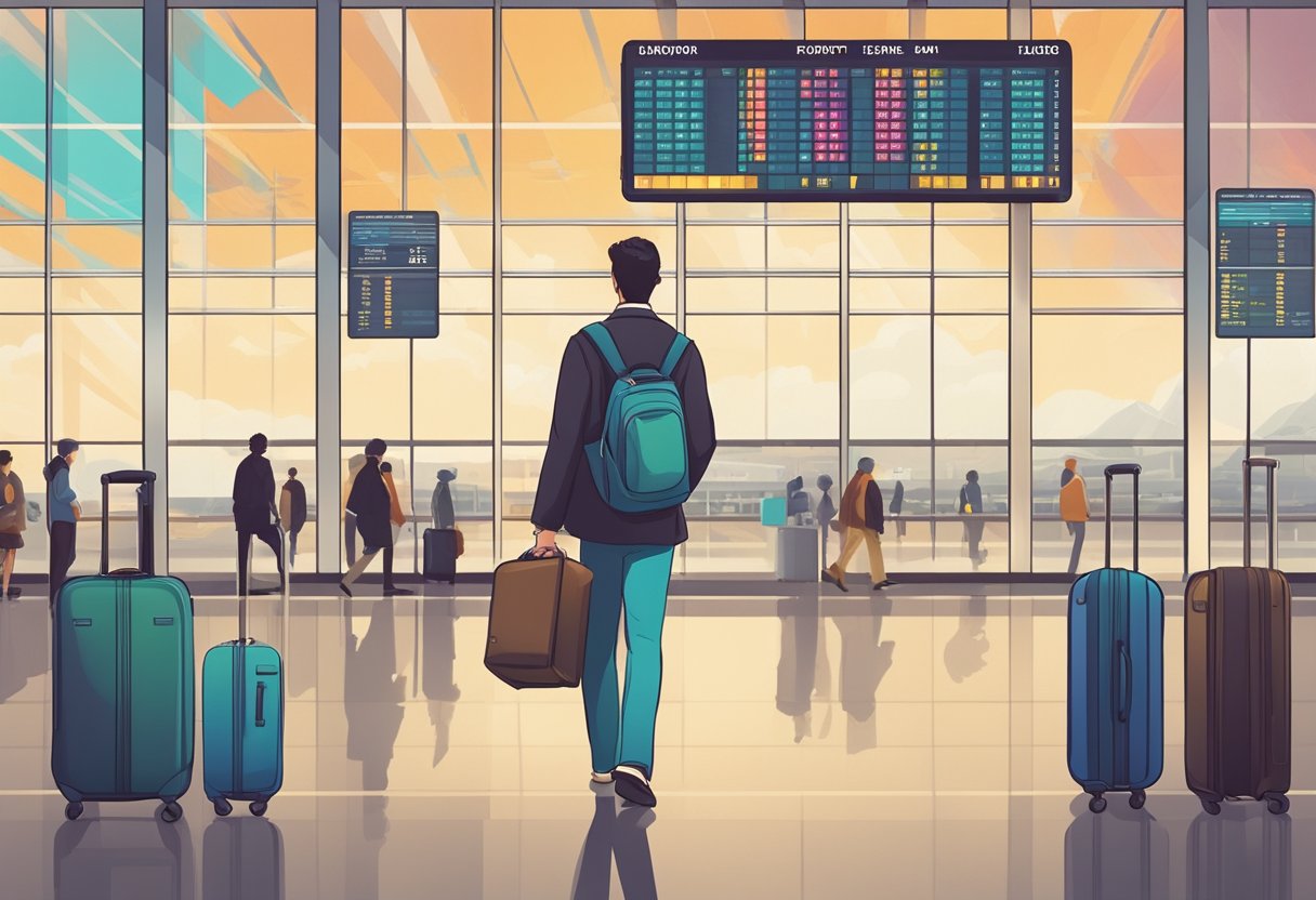 A person walking through an airport with a suitcase, looking up at a departure board with various flight times and destinations