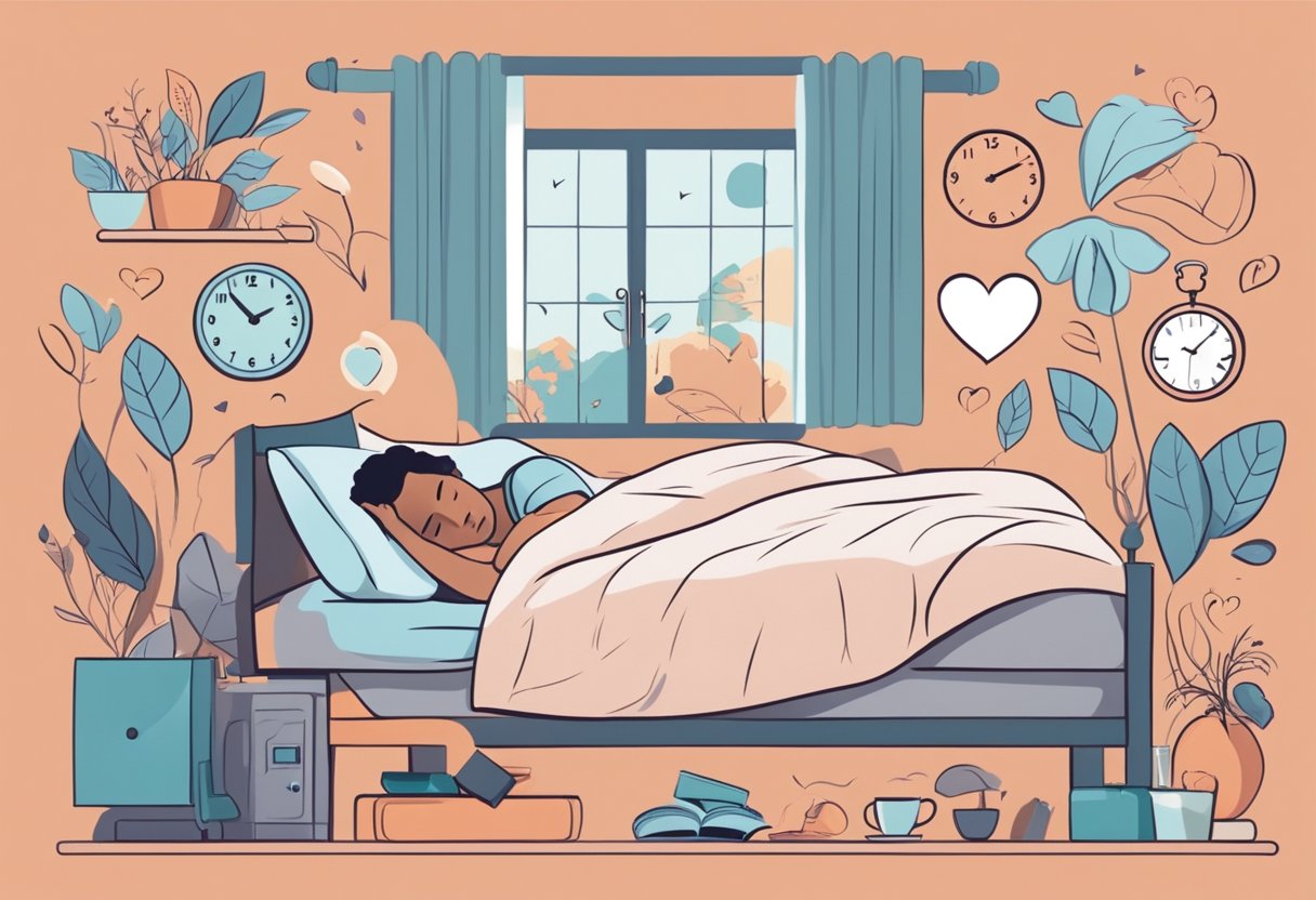 A person lying in bed with a peaceful expression, surrounded by images of a healthy heart and a clock showing a lack of sleep