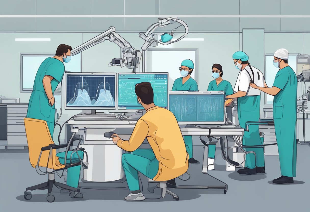 A cardiologist performing an intervention, surrounded by medical equipment and monitors, while a team manages the procedure