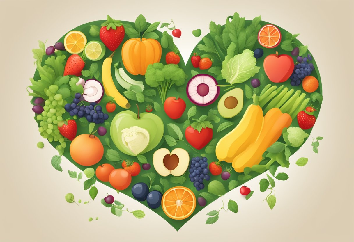 A heart surrounded by healthy lifestyle symbols: exercise, fruits, vegetables, no smoking, and regular check-ups