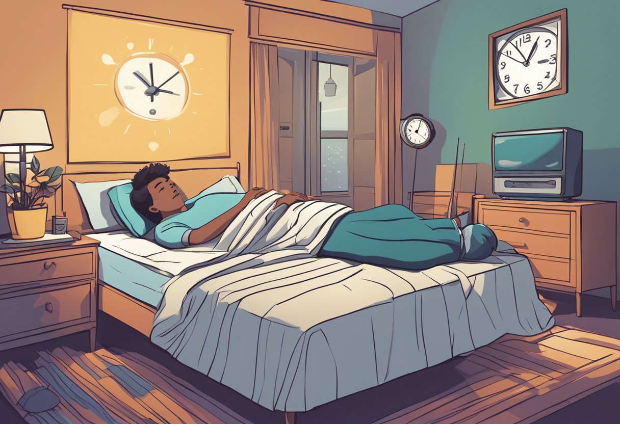 A clock showing late night hours, a person tossing in bed, and a heart rate monitor beeping rapidly