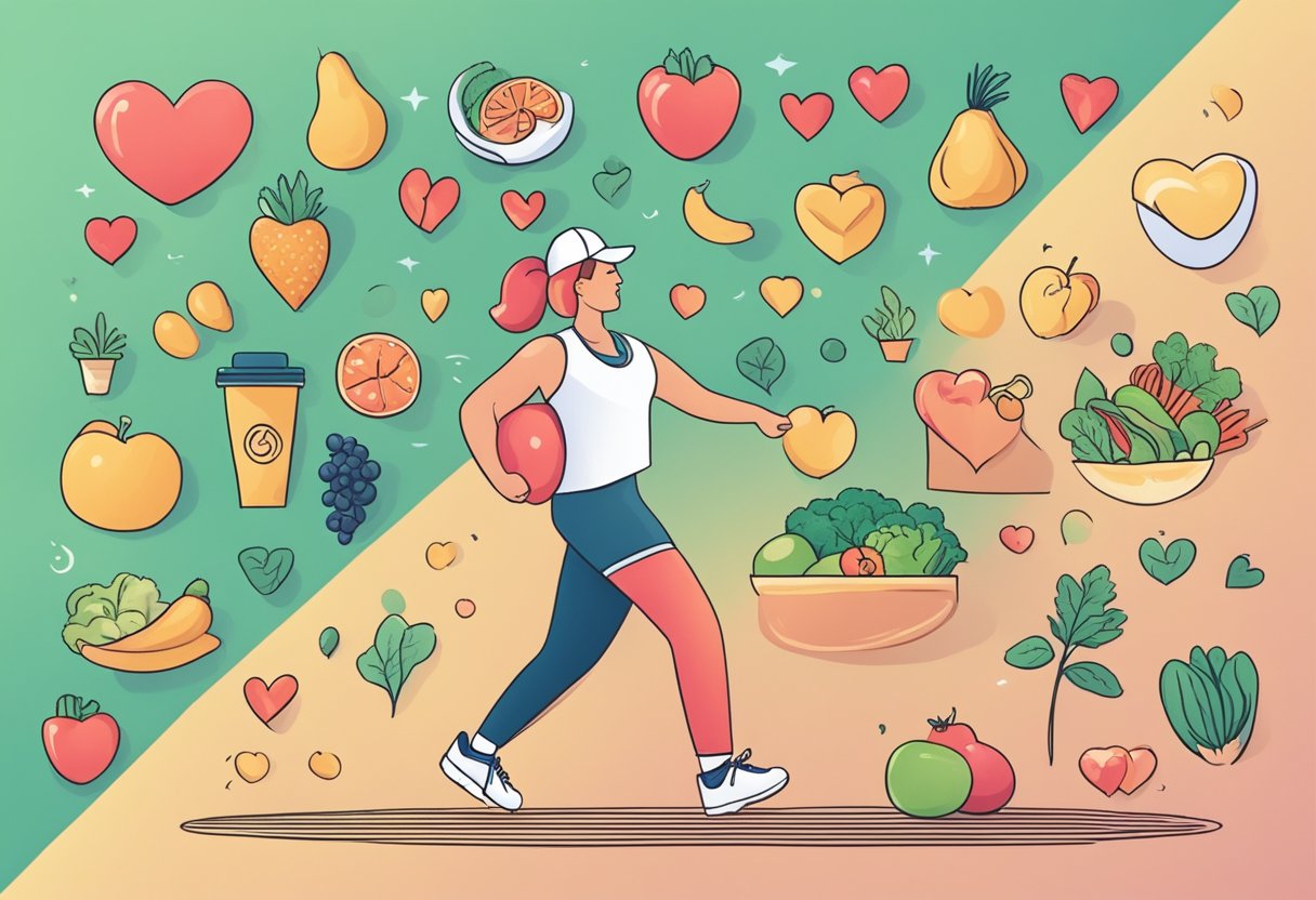 A person exercising outdoors with healthy food and a heart symbol