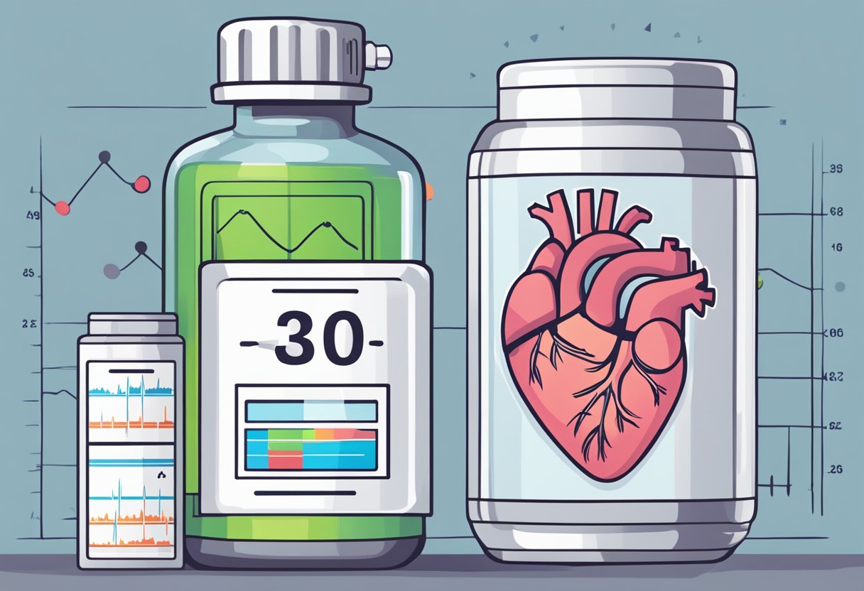Hydralazine increases heart rate. Show a bottle of hydralazine with a heart rate monitor displaying an elevated heart rate