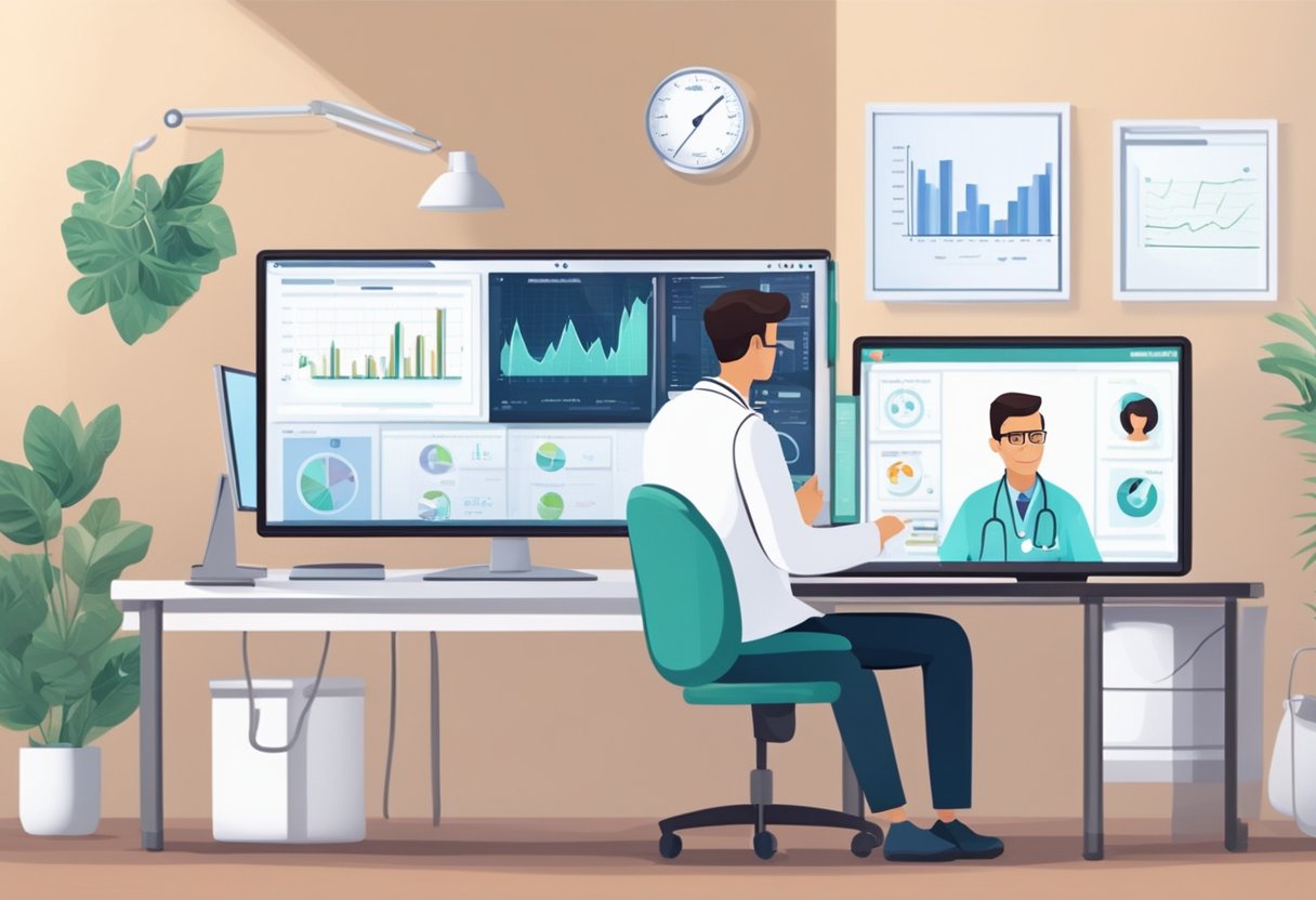 A computer screen displaying an online cardiologist consulting with a patient via video call. Medical equipment and charts in the background