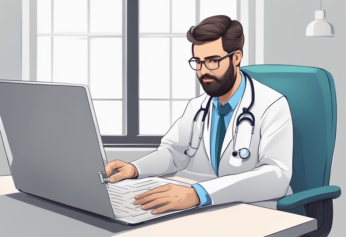 A cardiologist consults with a patient online, reviewing medical records and discussing symptoms and treatment options