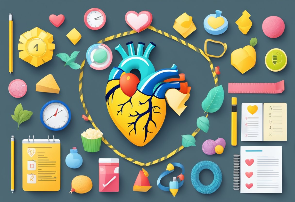 A heart surrounded by caution tape, a healthy diet and exercise symbols, and a checklist of preventive measures