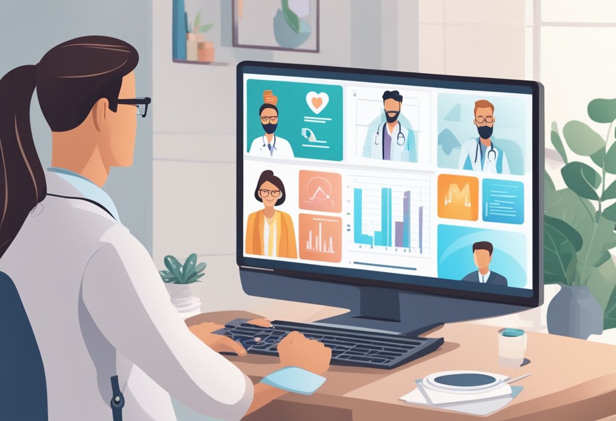 An online cardiologist consults with a patient via video call, discussing the benefits and considerations of virtual cardiac care. The doctor's computer screen displays medical charts and images, creating a professional and informative atmosphere