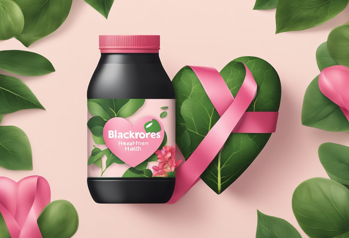 A heart-shaped red and pink ribbon wrapping around a bottle of Blackmores Heart Health supplement, with a background of a healthy heart symbol and green leaves