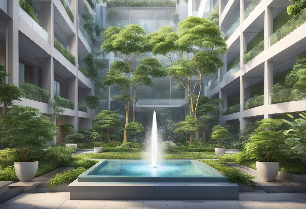 A serene courtyard at Novena Heart Centre, with lush greenery and a calming fountain