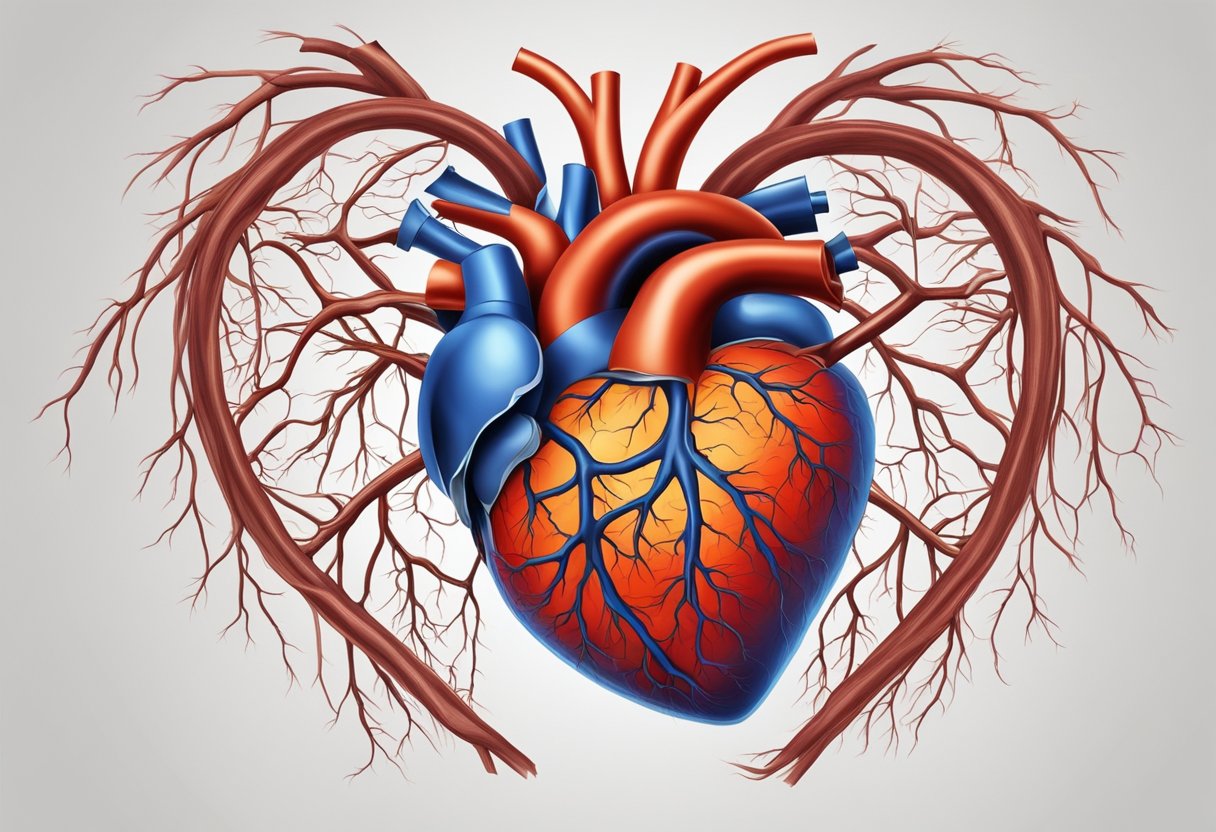 A pulsing heart surrounded by branching blood vessels