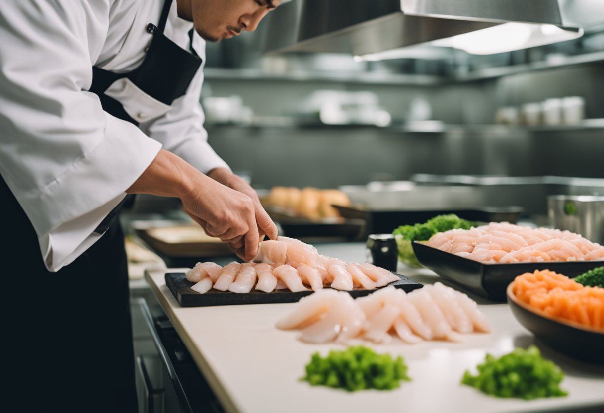 A chef slicing fresh squid into thin strips for sushi preparation