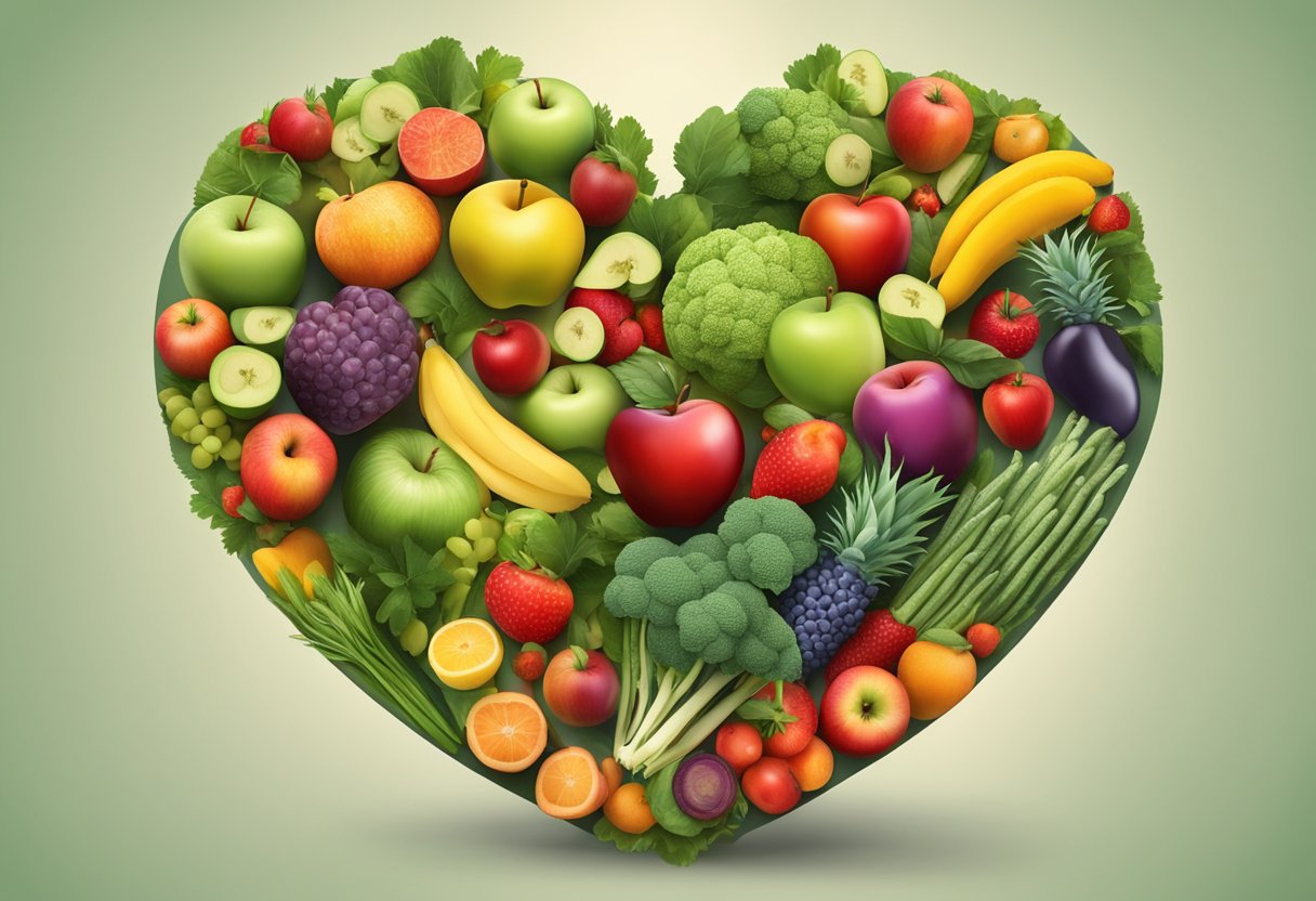 A heart-shaped red apple surrounded by a variety of colorful fruits and vegetables, with a stethoscope draped over the display