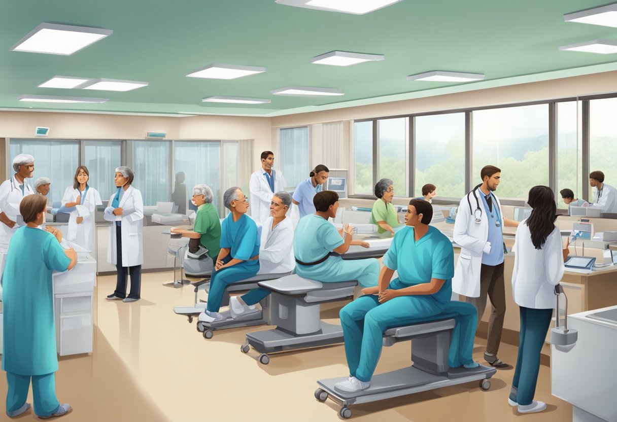 A bustling cardiology clinic with patients waiting, doctors consulting, and medical equipment in use
