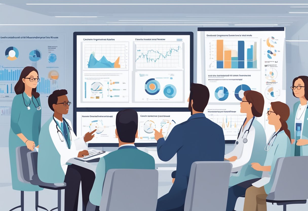 A group of doctors and researchers discuss the results of the carvedilol heart failure trial, pointing to graphs and charts displayed on a large screen