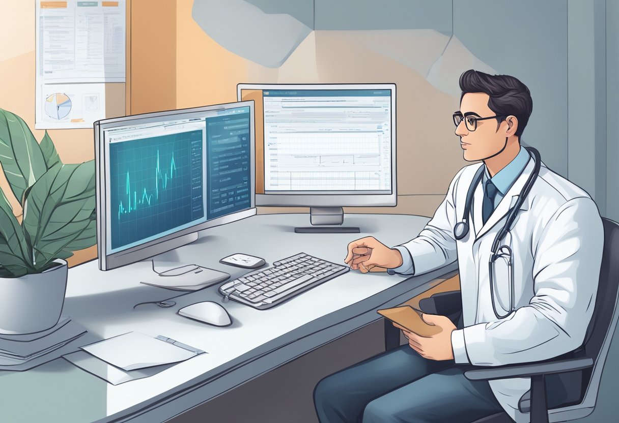 An online cardiologist answering FAQs with a computer and medical charts in the background