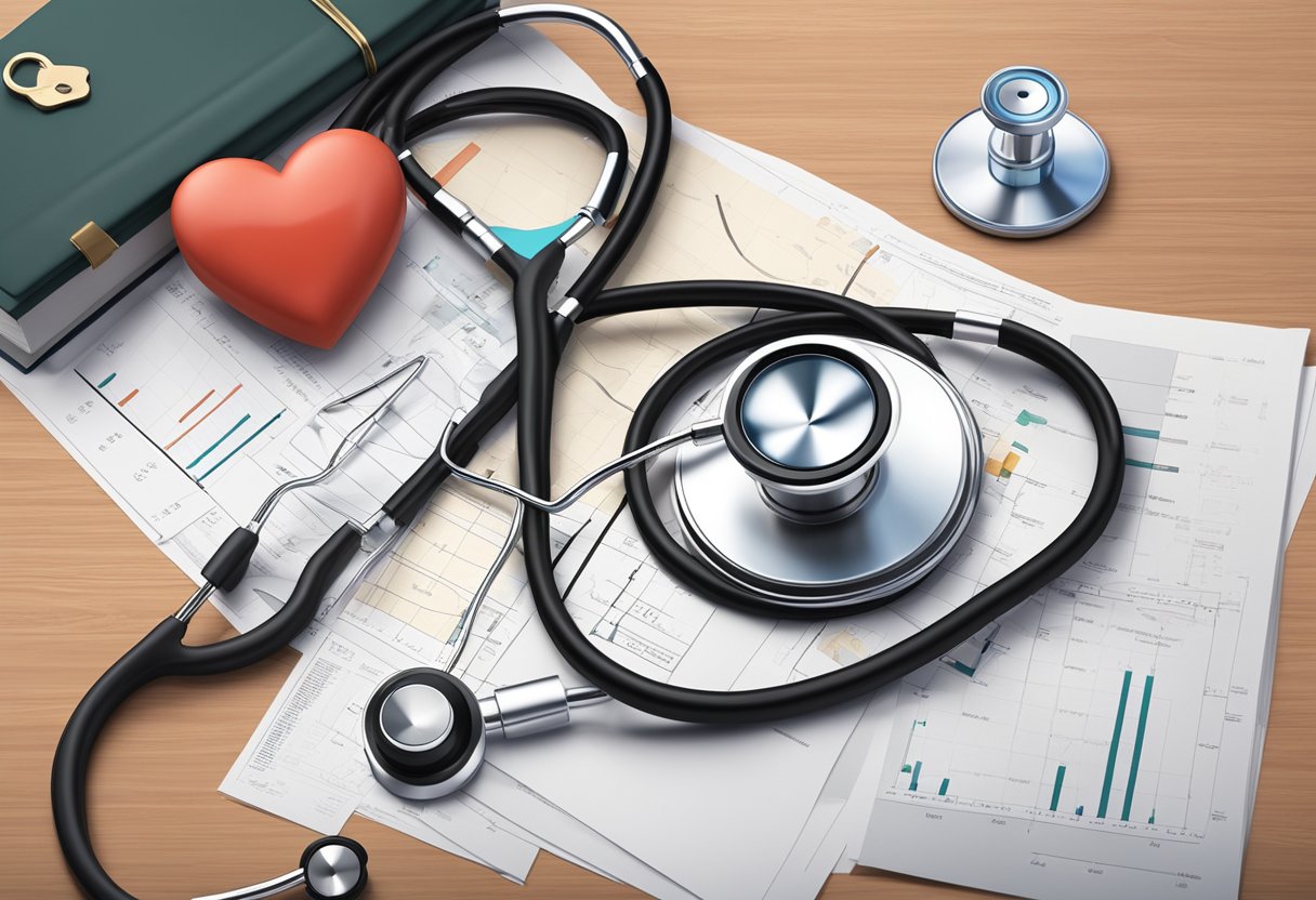 A stethoscope rests on a desk next to a medical chart and a heart-shaped diagram, all surrounded by medical equipment and books