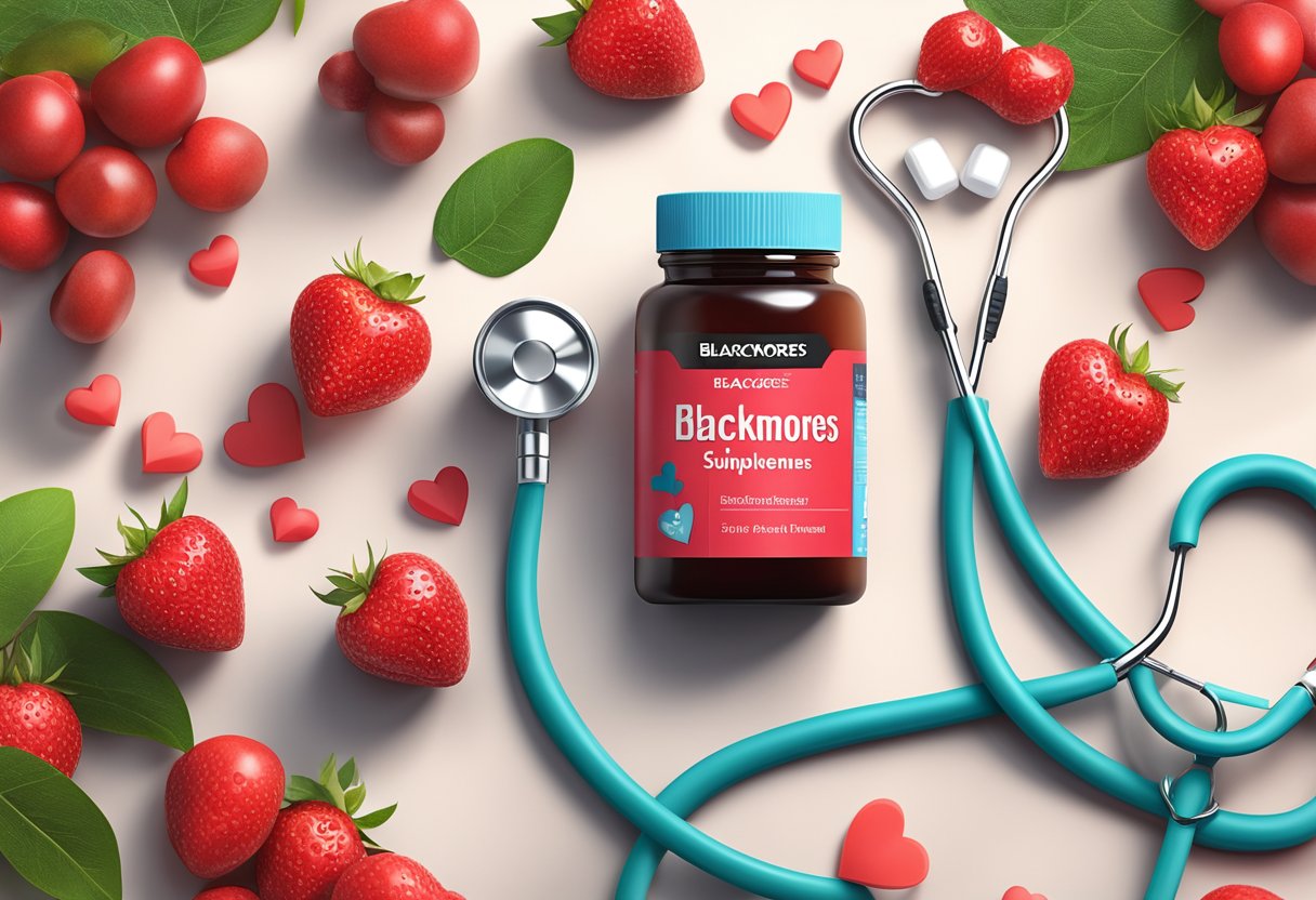 A bottle of Blackmores heart health supplements surrounded by heart-shaped red fruits and a stethoscope, symbolizing heart health and care