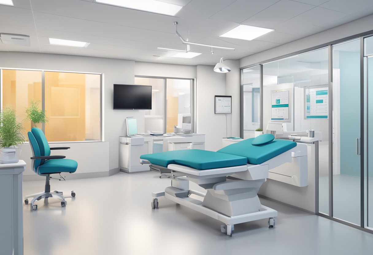 A modern, clean clinic with patient information displayed, and a low cardiology sign visible