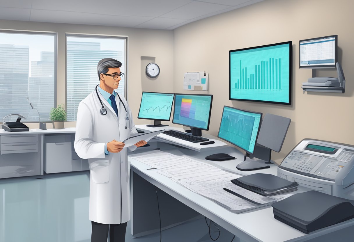 A cardiologist reviews patient charts in a modern office with medical equipment and computers