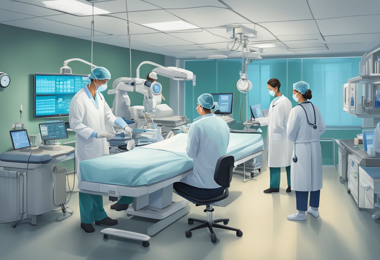 A group of medical professionals conducting a clinical trial on the efficacy of carvedilol for heart failure. Equipment and monitors are set up in a sterile, well-lit room