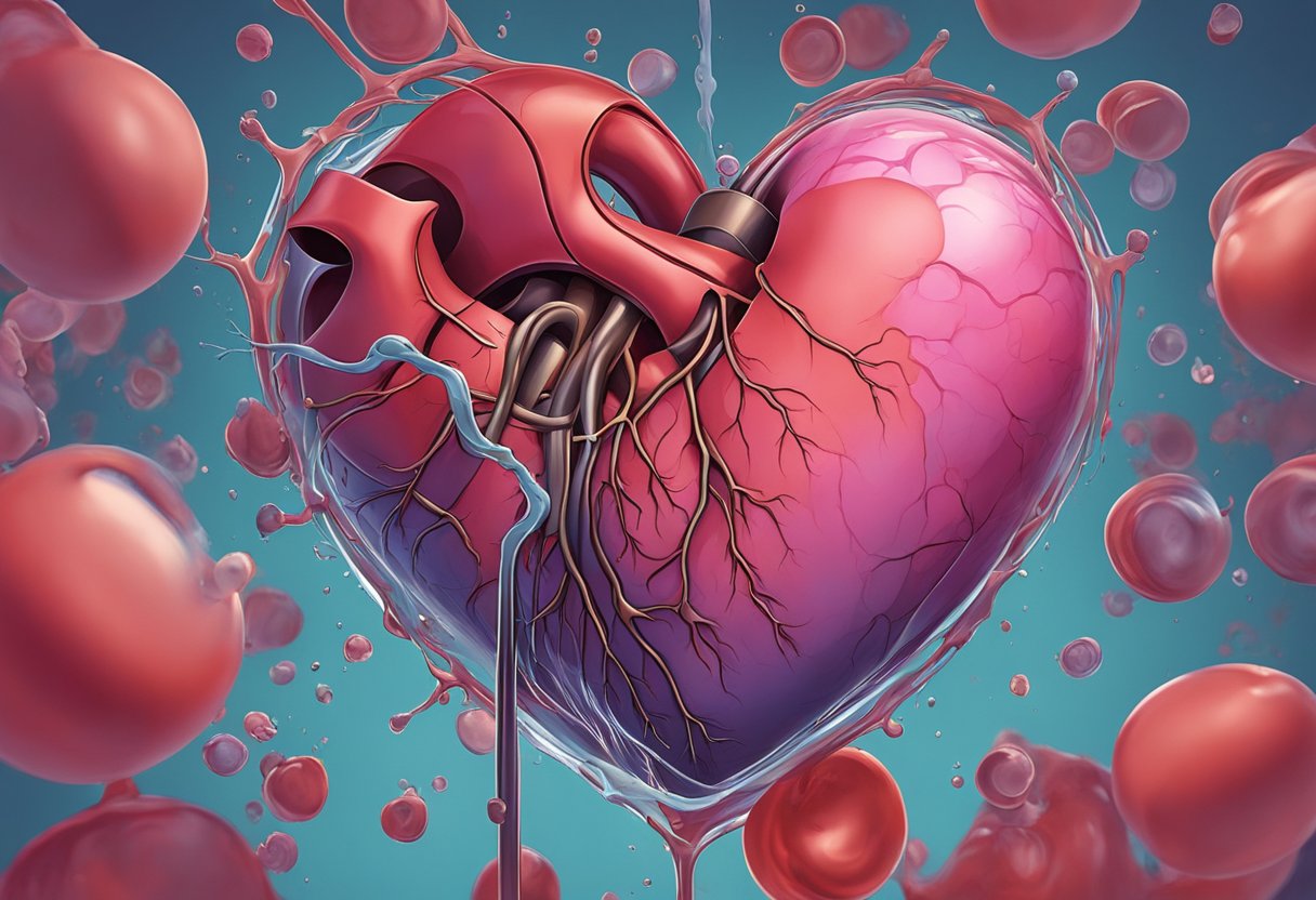A heart struggling to pump blood, surrounded by fluid buildup