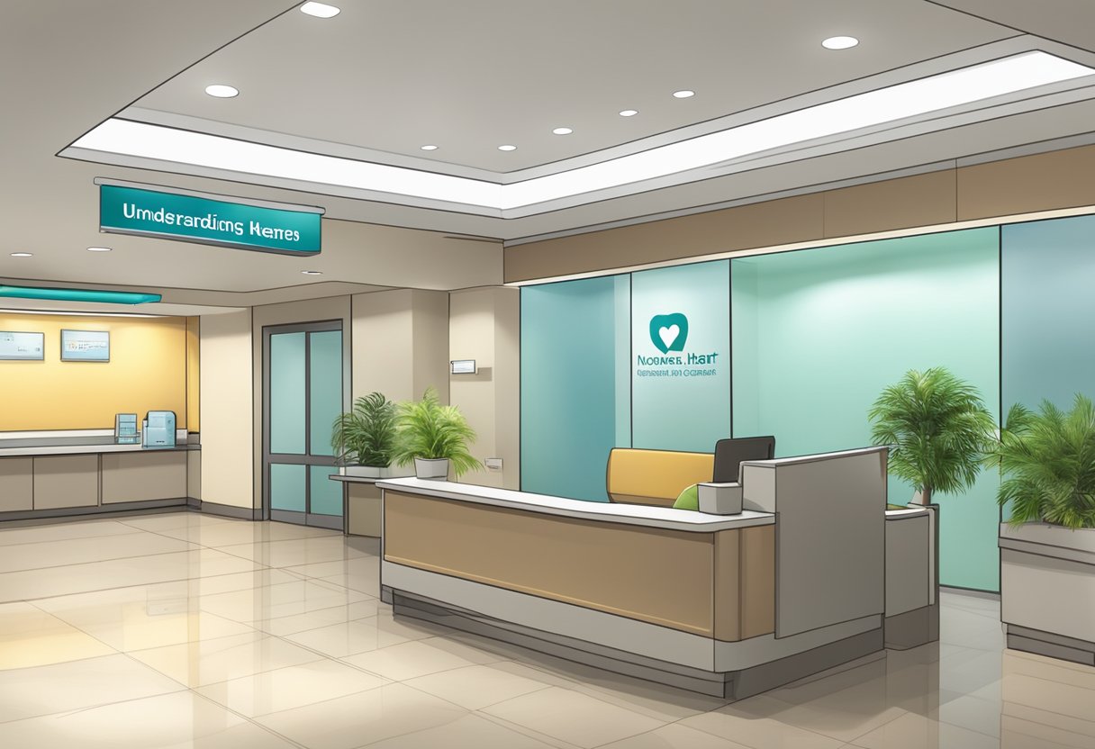 A modern hospital lobby with a prominent sign reading "Understanding Heart Conditions - Novena Heart Centre" and a calm, welcoming atmosphere