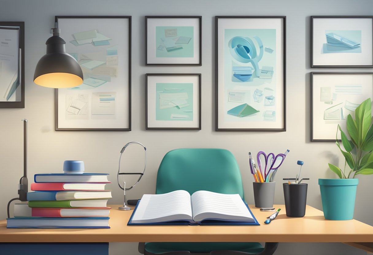A stethoscope, medical textbooks, and a diploma on the wall in a tidy office setting