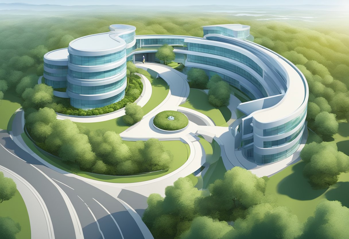 A winding path leads to a modern medical facility with a prominent heart symbol. Surrounding greenery and a calming atmosphere suggest a focus on patient care